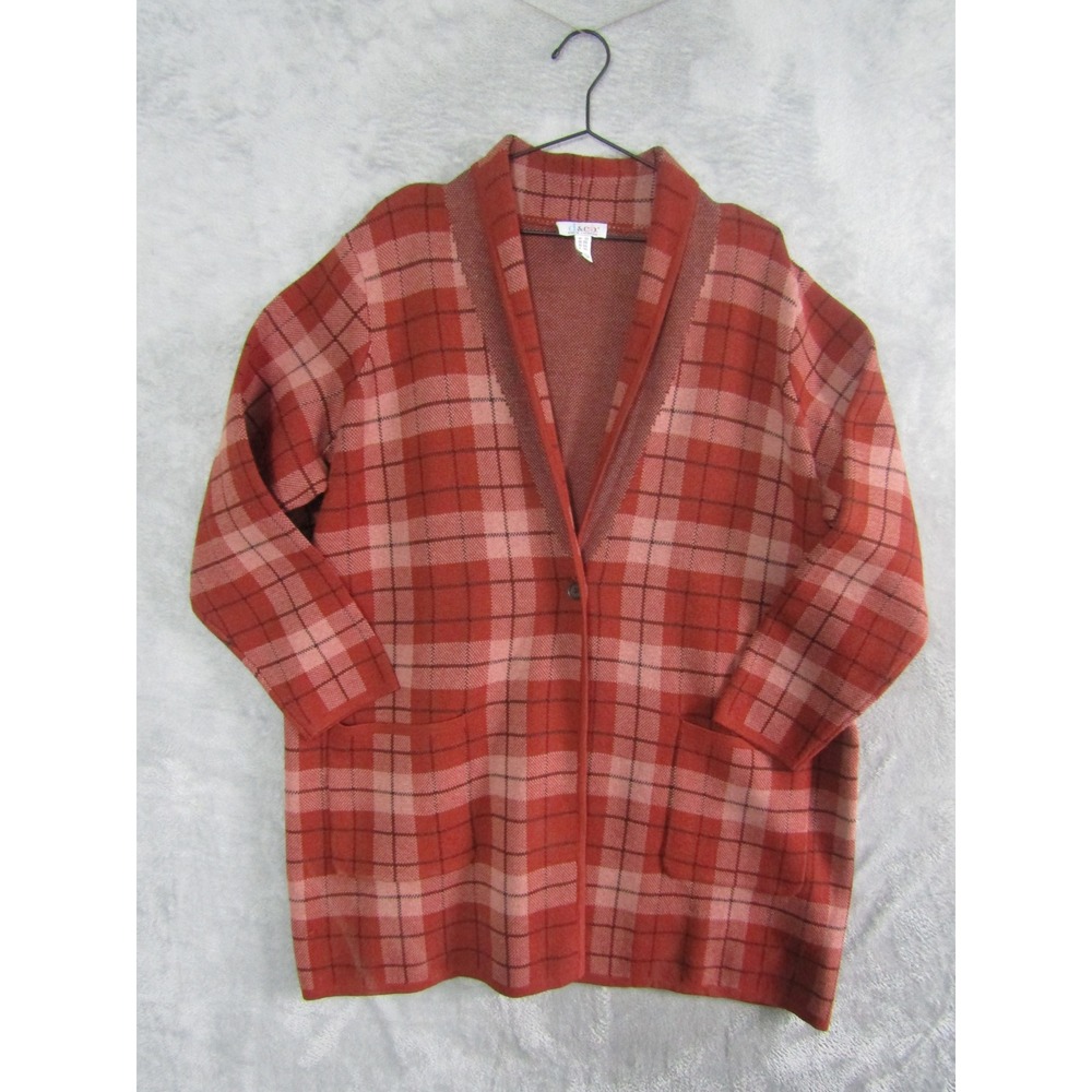 D&Co Womens Red Plaid Open‎ Front Cardigan Sweater Jacket Pockets